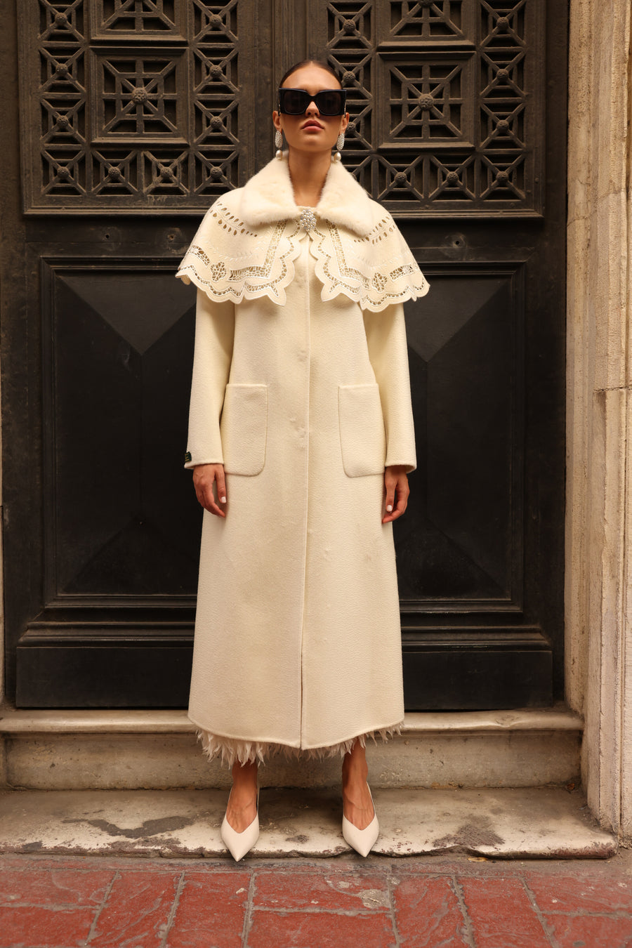 WHITE EMBROIDERED ALPACA MINK COAT -9690