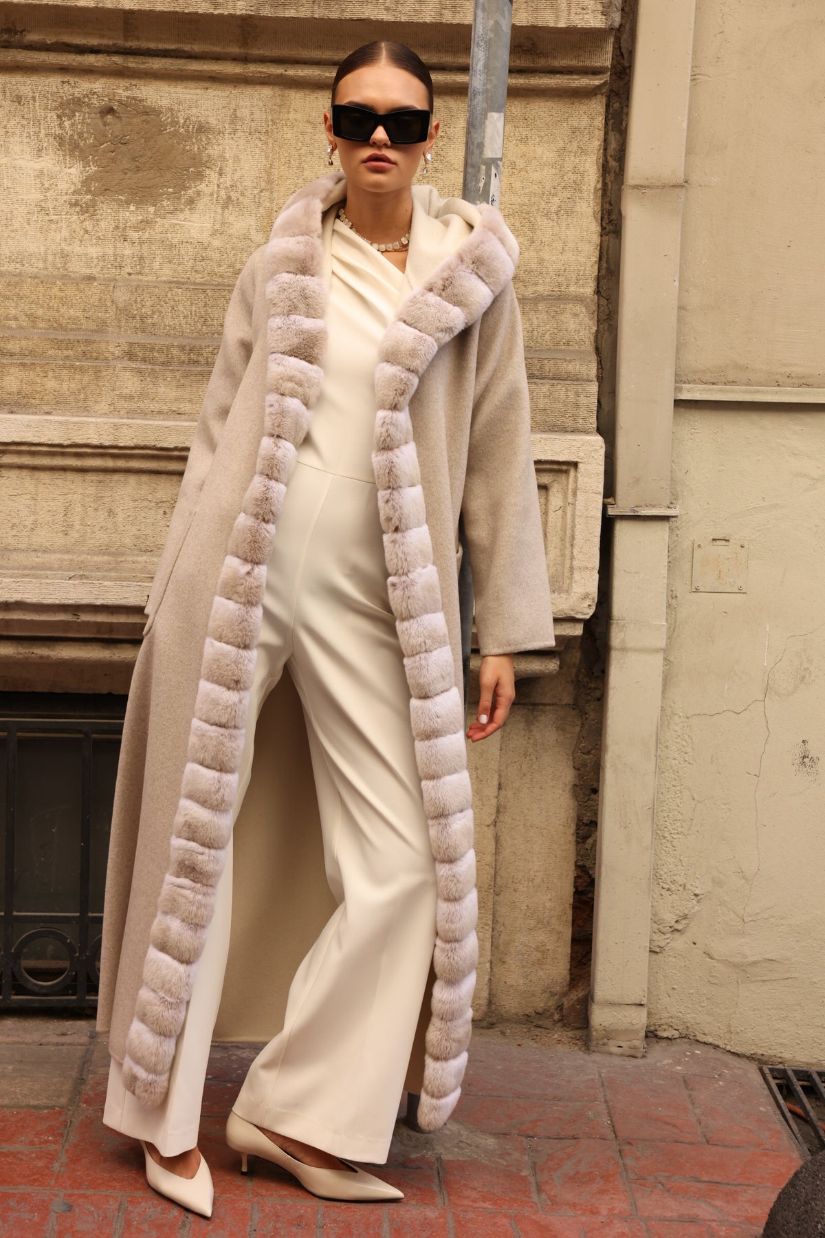 REVERSIBLE HOODED ALPACA RABBIT REX COAT -9487