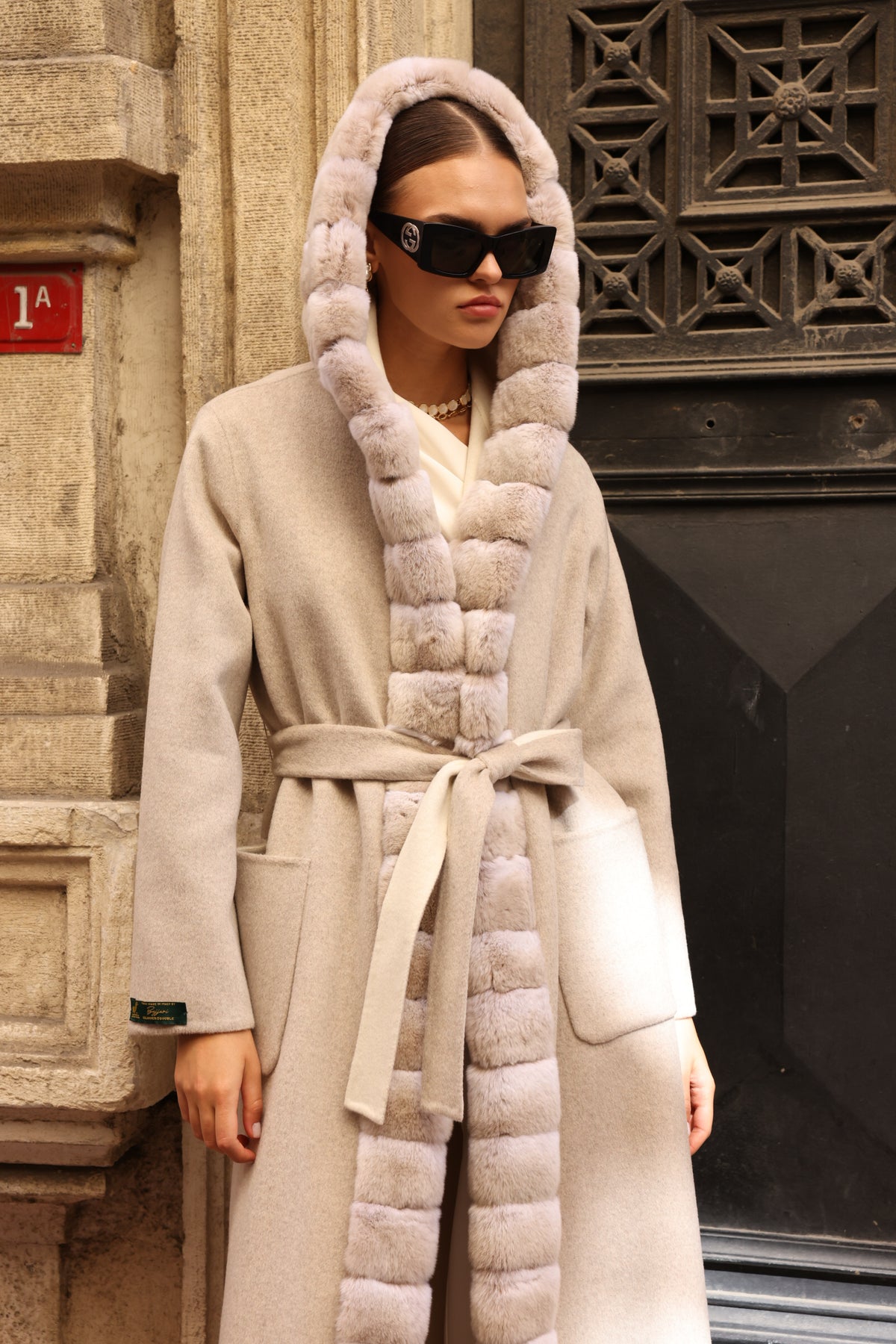 REVERSIBLE HOODED ALPACA RABBIT REX COAT -9487