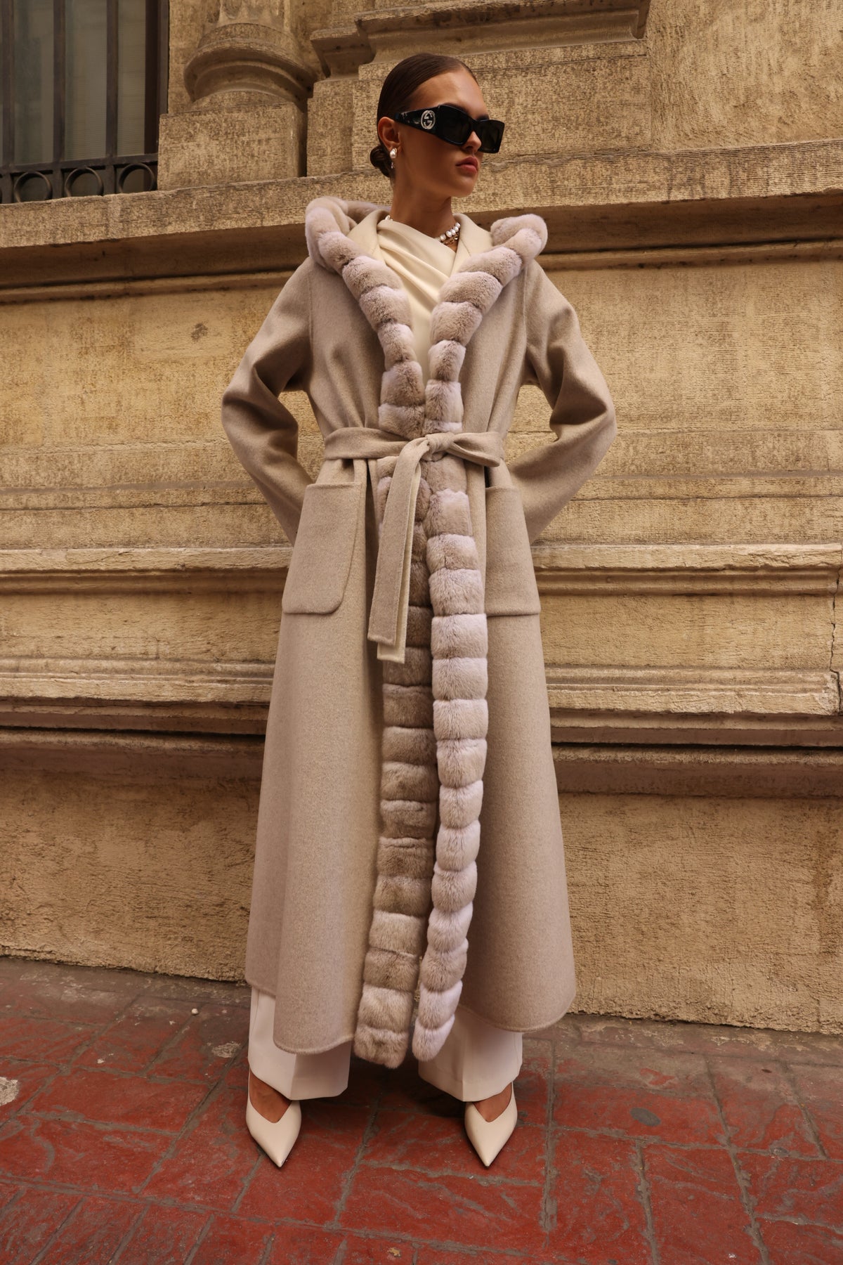 REVERSIBLE HOODED ALPACA RABBIT REX COAT -9487