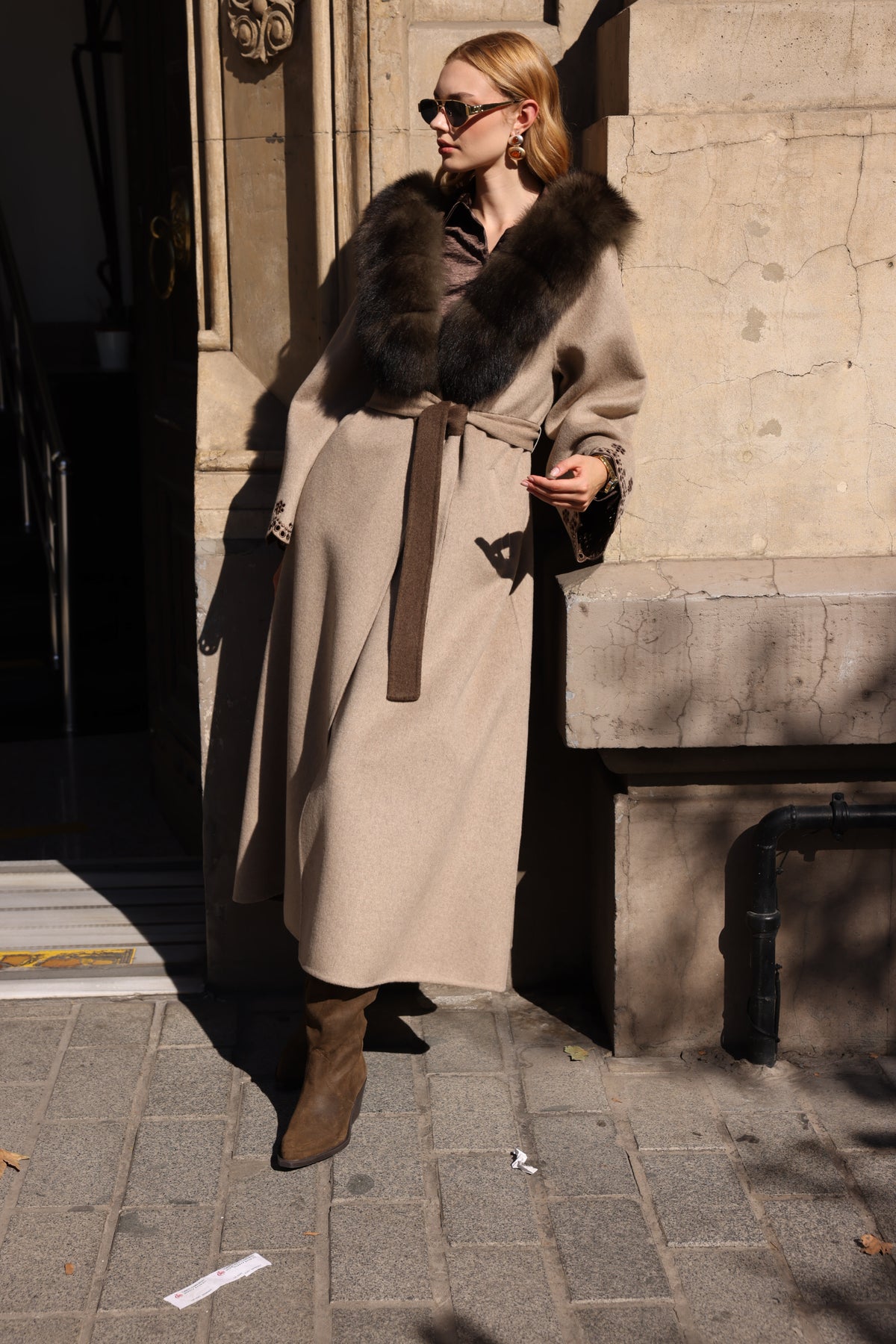 BEIGE BROWN EMBROIDERED ALPACA FOX FUR COAT -9021