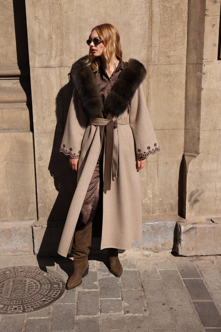 BEIGE BROWN EMBROIDERED ALPACA FOX FUR COAT -9021