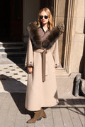 BEIGE BROWN EMBROIDERED ALPACA FOX FUR COAT -9021
