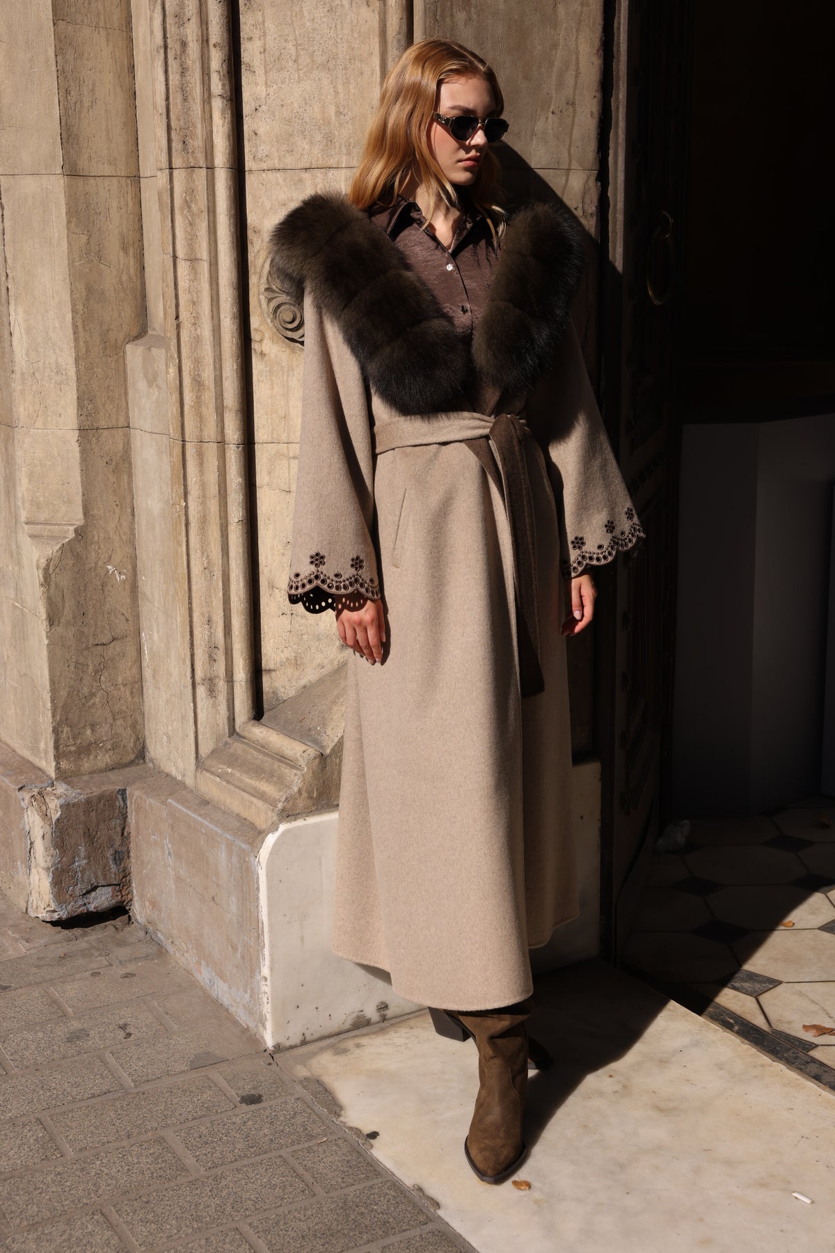 BEIGE BROWN EMBROIDERED ALPACA FOX FUR COAT -9021