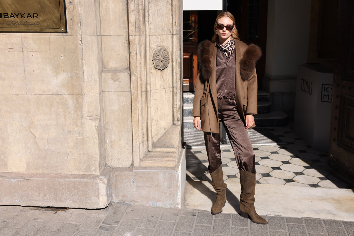 BROWN ALPACA FOX FUR COAT -3858