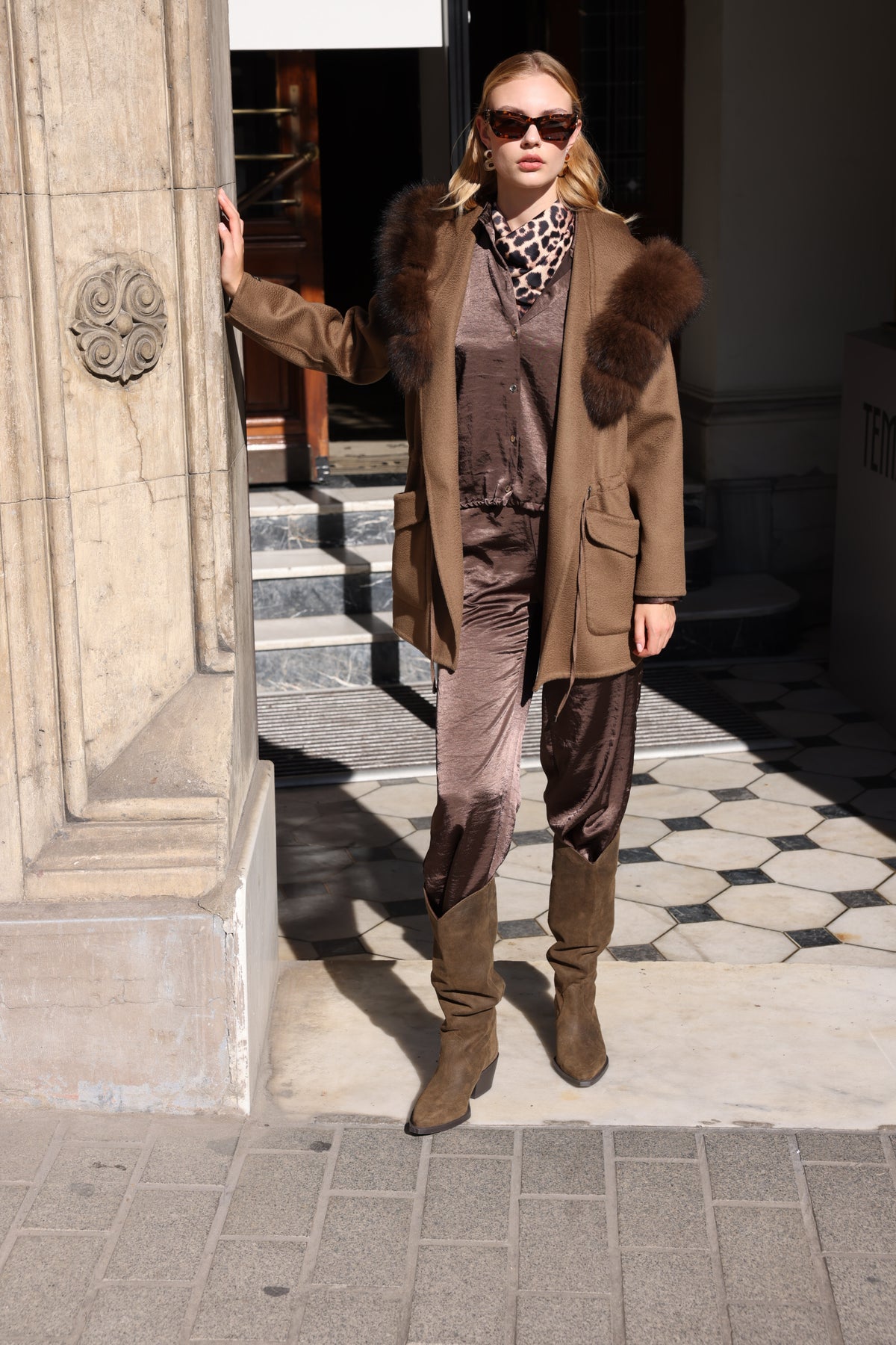 BROWN ALPACA FOX FUR COAT -3858