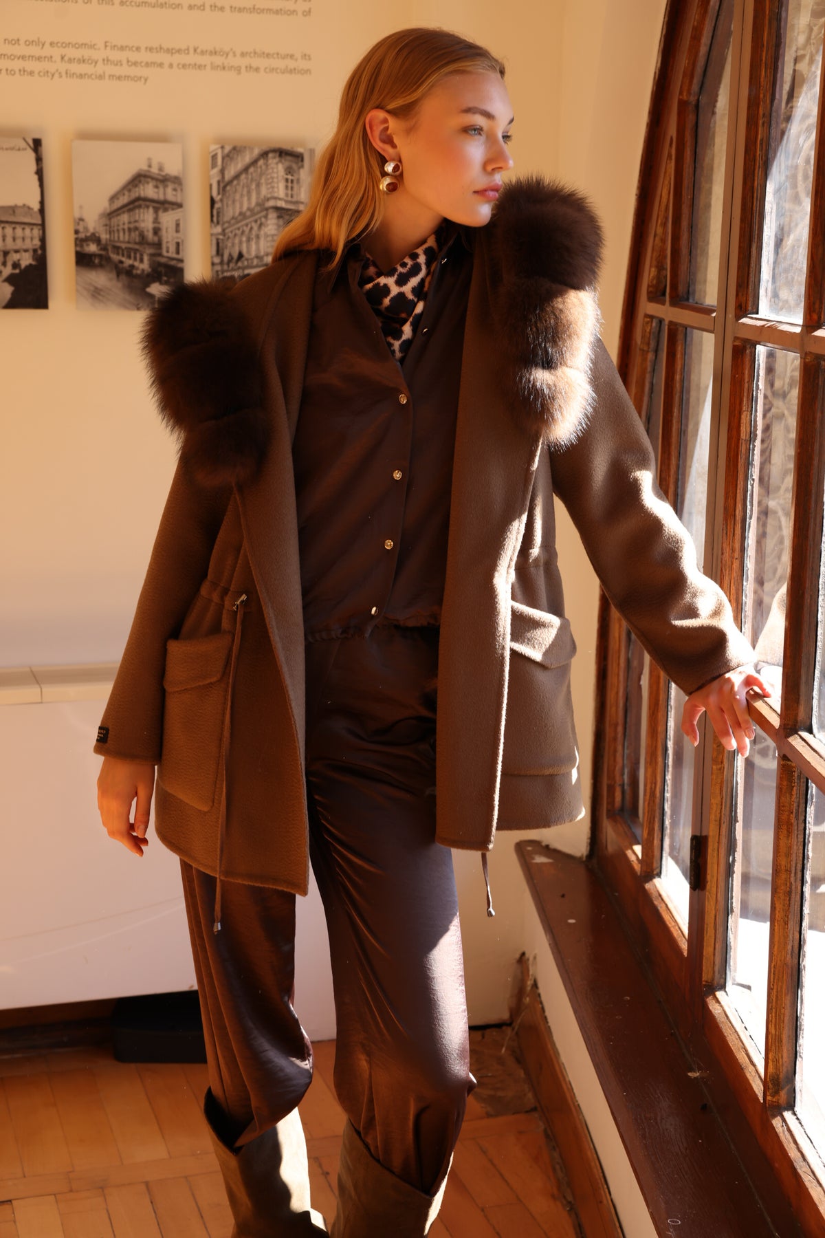 BROWN ALPACA FOX FUR COAT -3858