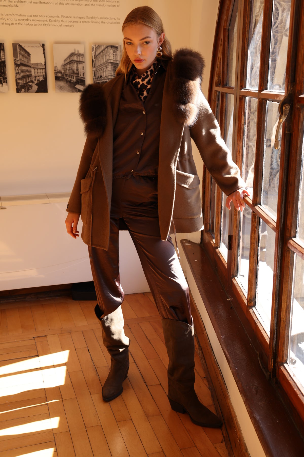 BROWN ALPACA FOX FUR COAT -3858