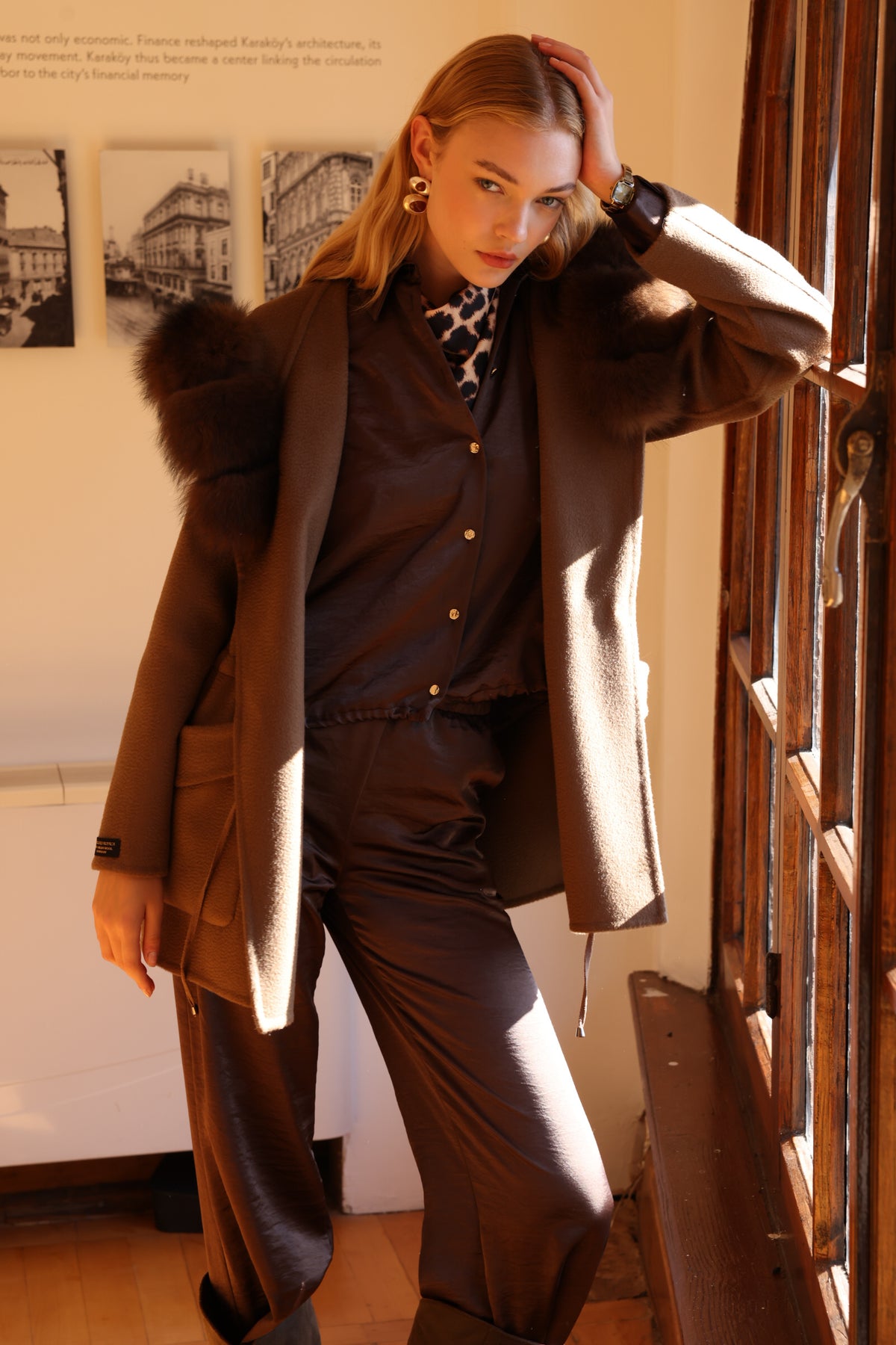 BROWN ALPACA FOX FUR COAT -3858
