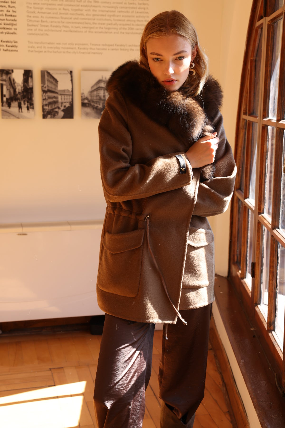 BROWN ALPACA FOX FUR COAT -3858