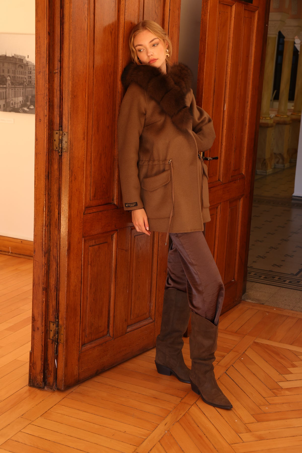 BROWN ALPACA FOX FUR COAT -3858