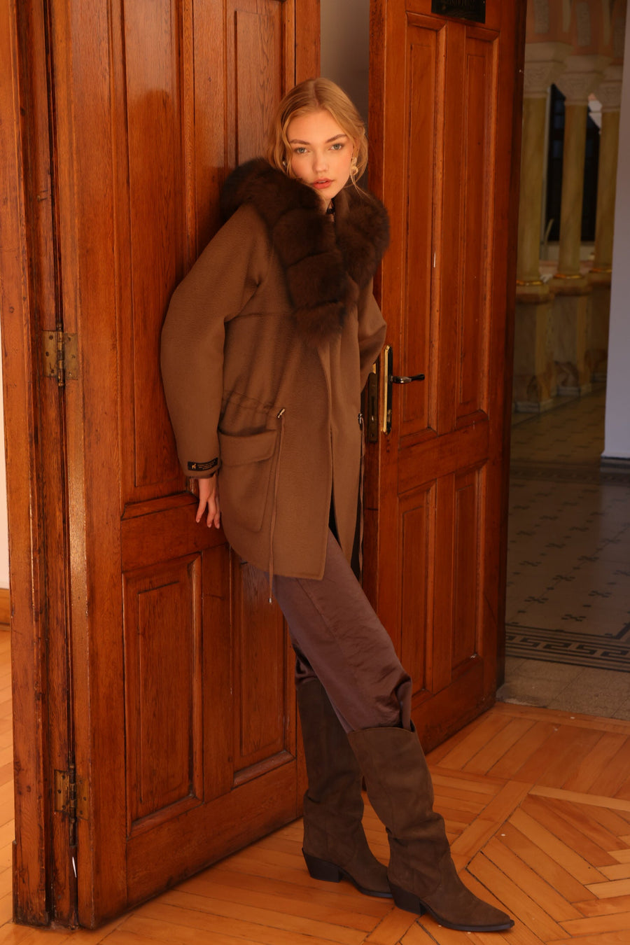 BROWN HOODED ALPACA FOX FUR COAT -3858