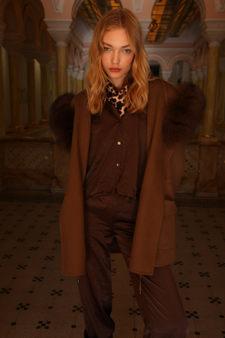 BROWN HOODED ALPACA FOX FUR COAT -3858