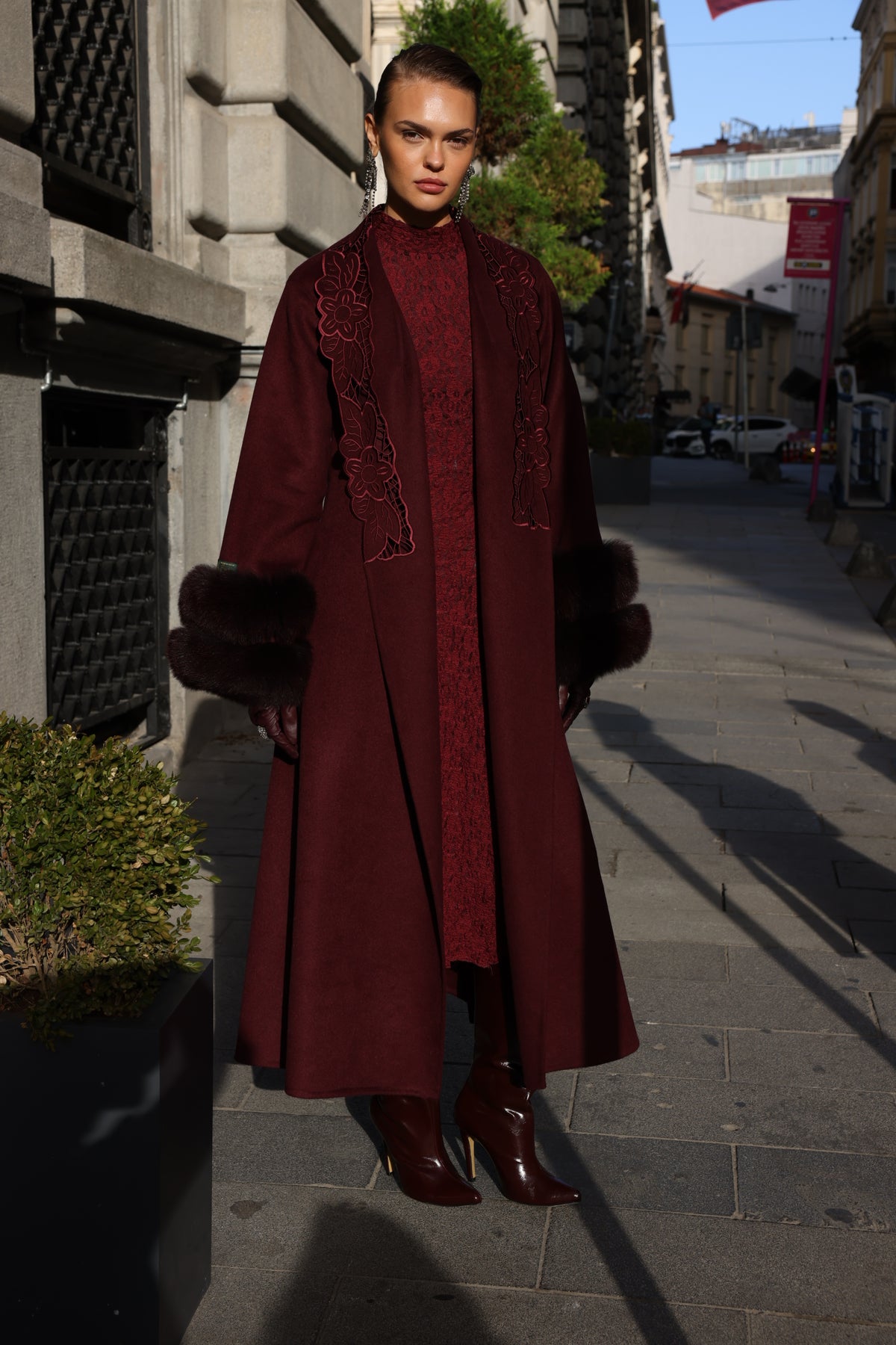 BURGUNDY EMBROIDERED ALPACA FOX FUR COAT -9686