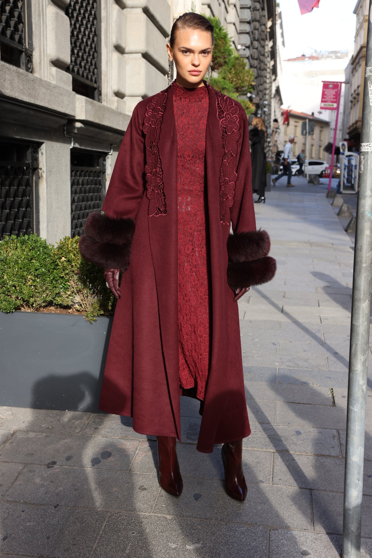 BURGUNDY EMBROIDERED ALPACA FOX FUR COAT -9686