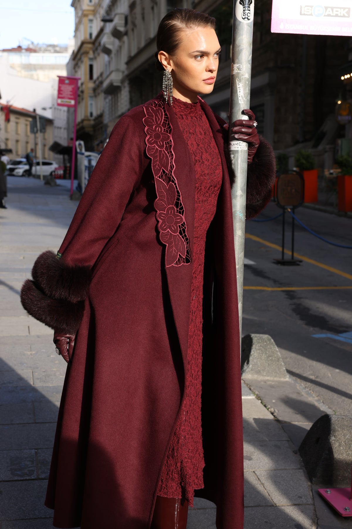 BURGUNDY EMBROIDERED ALPACA FOX FUR COAT -9686
