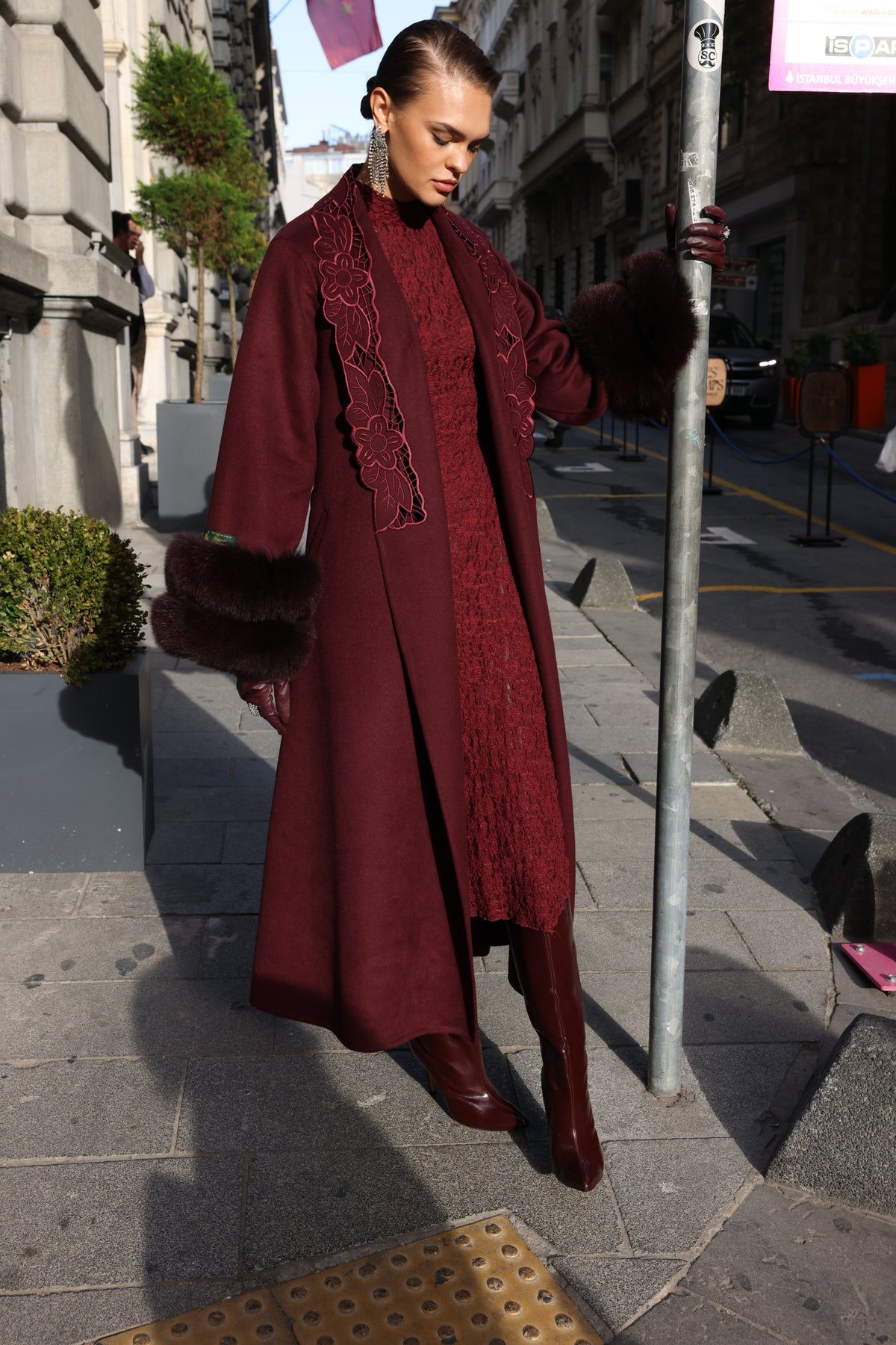 BURGUNDY EMBROIDERED ALPACA FOX FUR COAT -9686