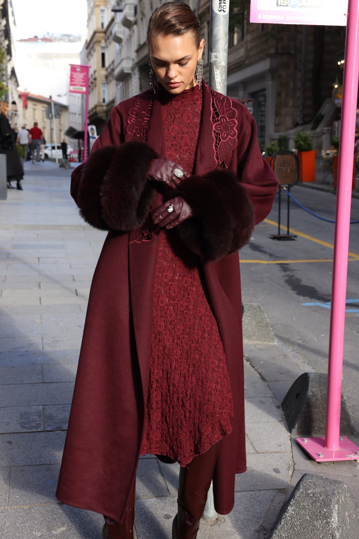 BURGUNDY EMBROIDERED ALPACA FOX FUR COAT -9686
