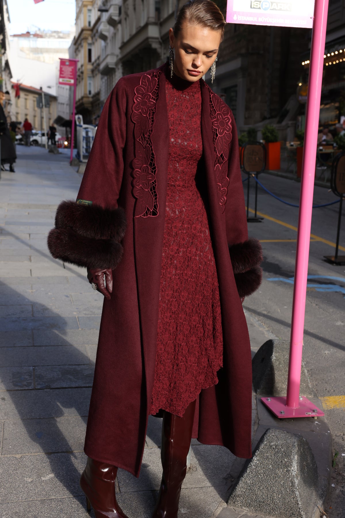 BURGUNDY EMBROIDERED ALPACA FOX FUR COAT -9686
