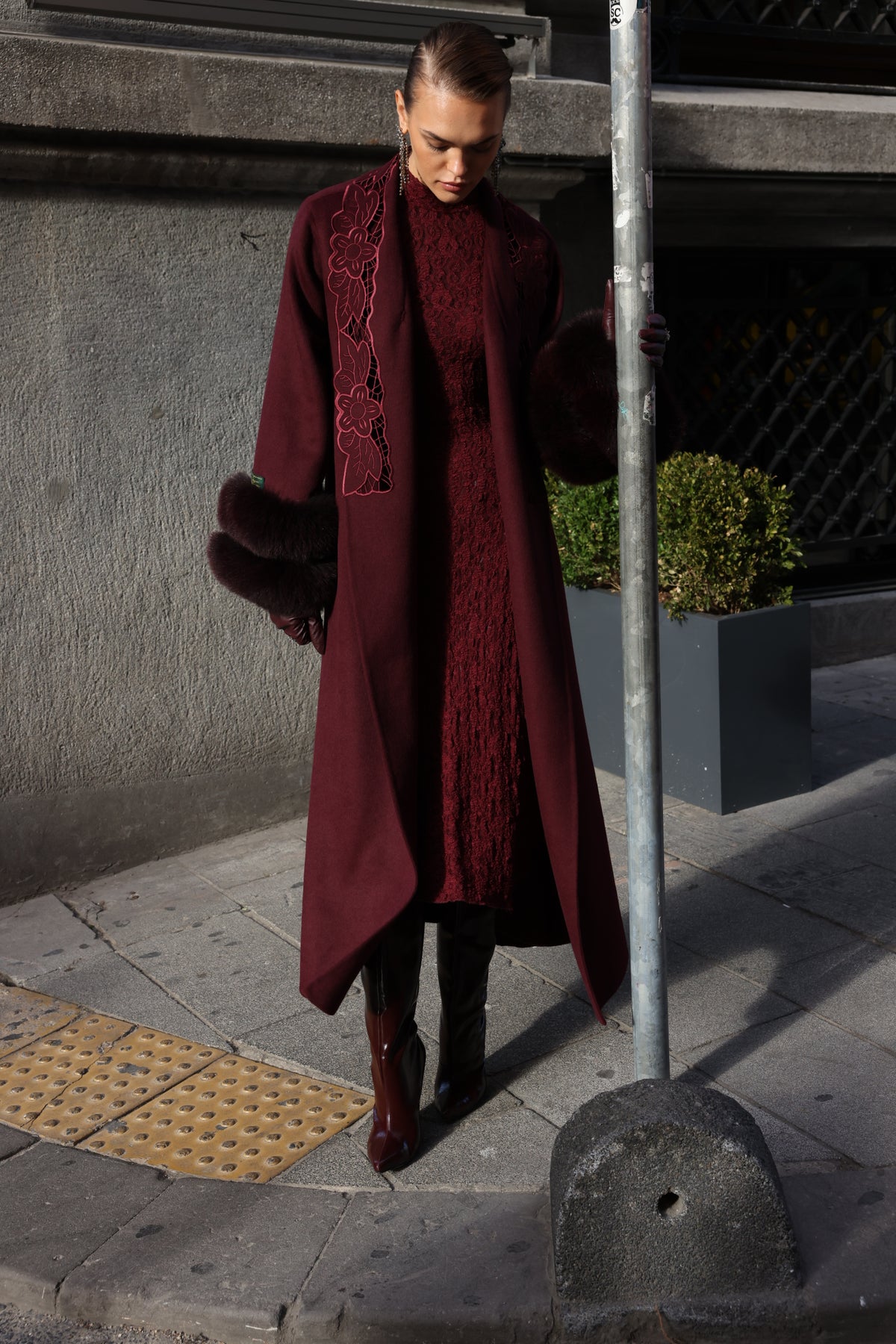 BURGUNDY EMBROIDERED ALPACA FOX FUR COAT -9686