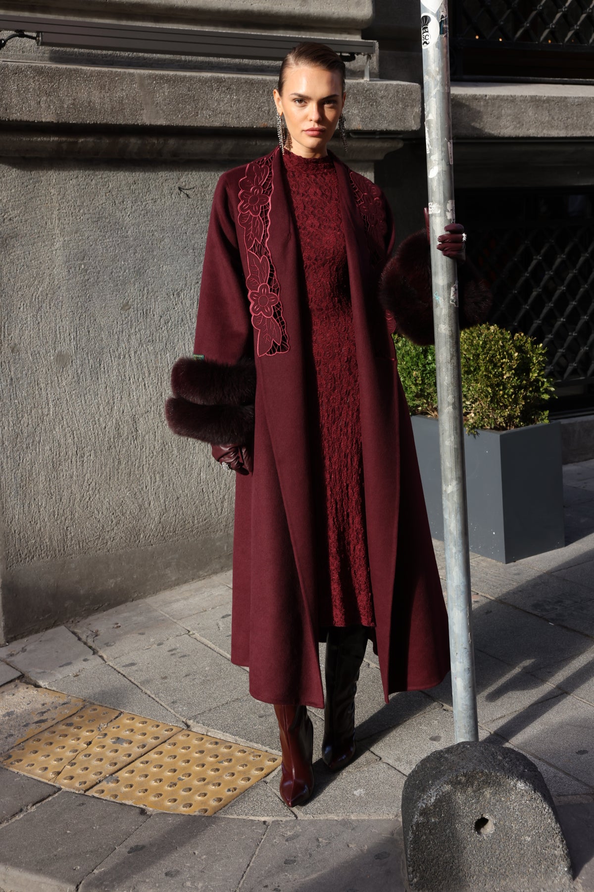 BURGUNDY EMBROIDERED ALPACA FOX FUR COAT -9686