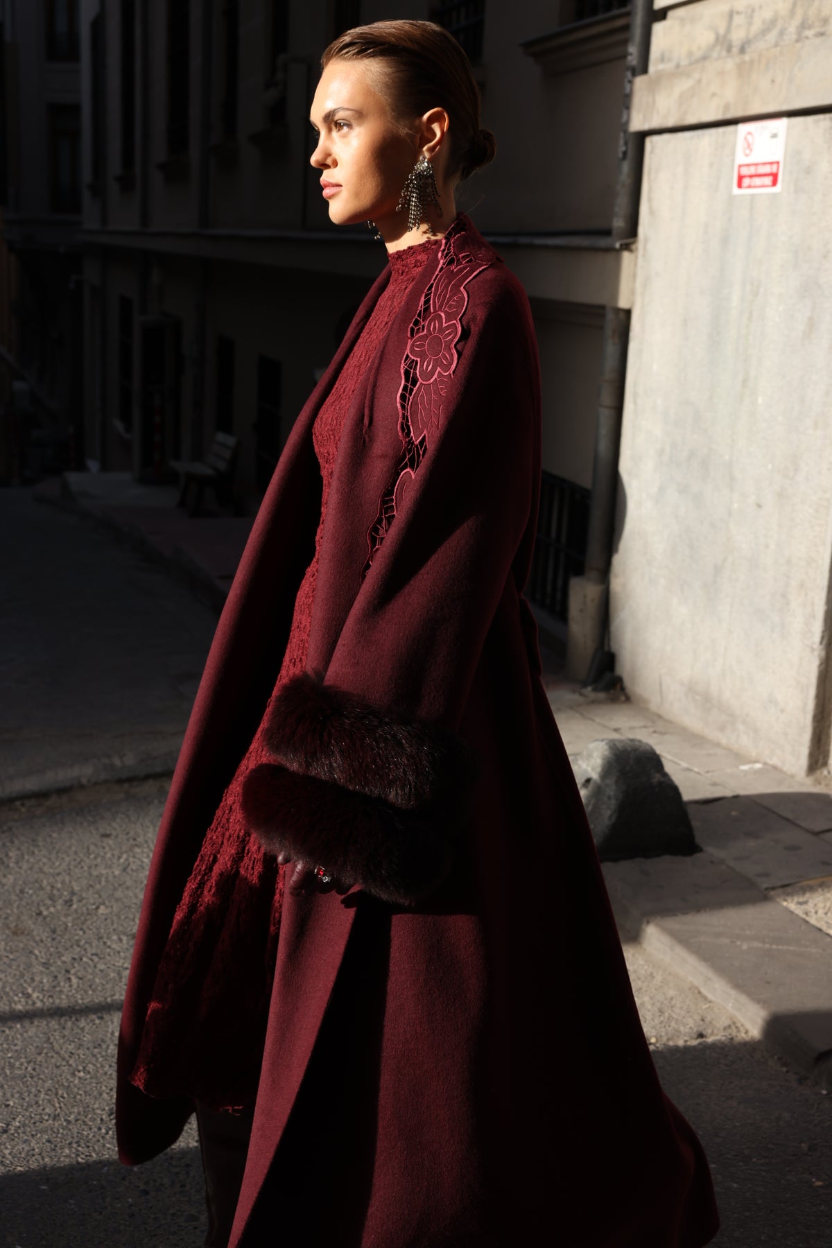 BURGUNDY EMBROIDERED ALPACA FOX FUR COAT -9686