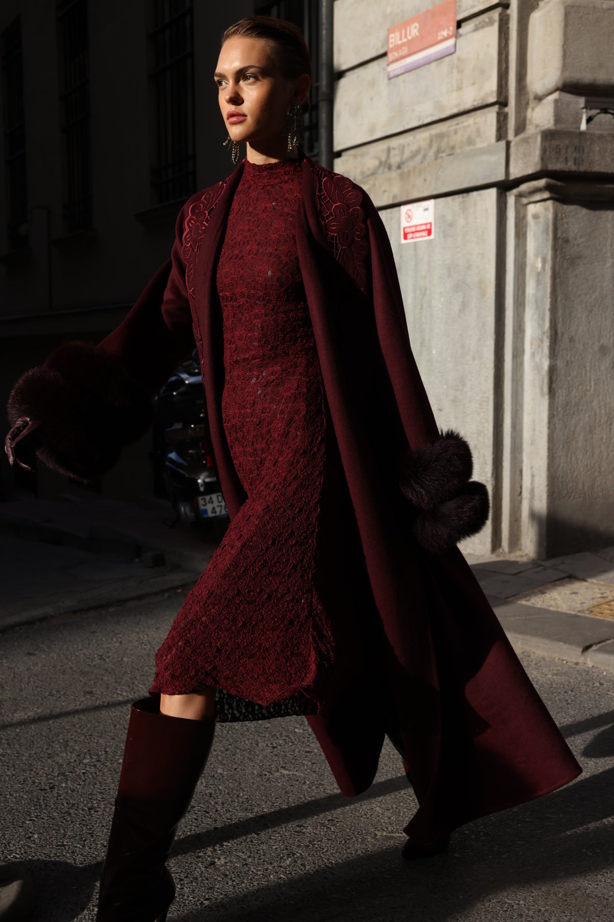 BURGUNDY EMBROIDERED ALPACA FOX FUR COAT -9686