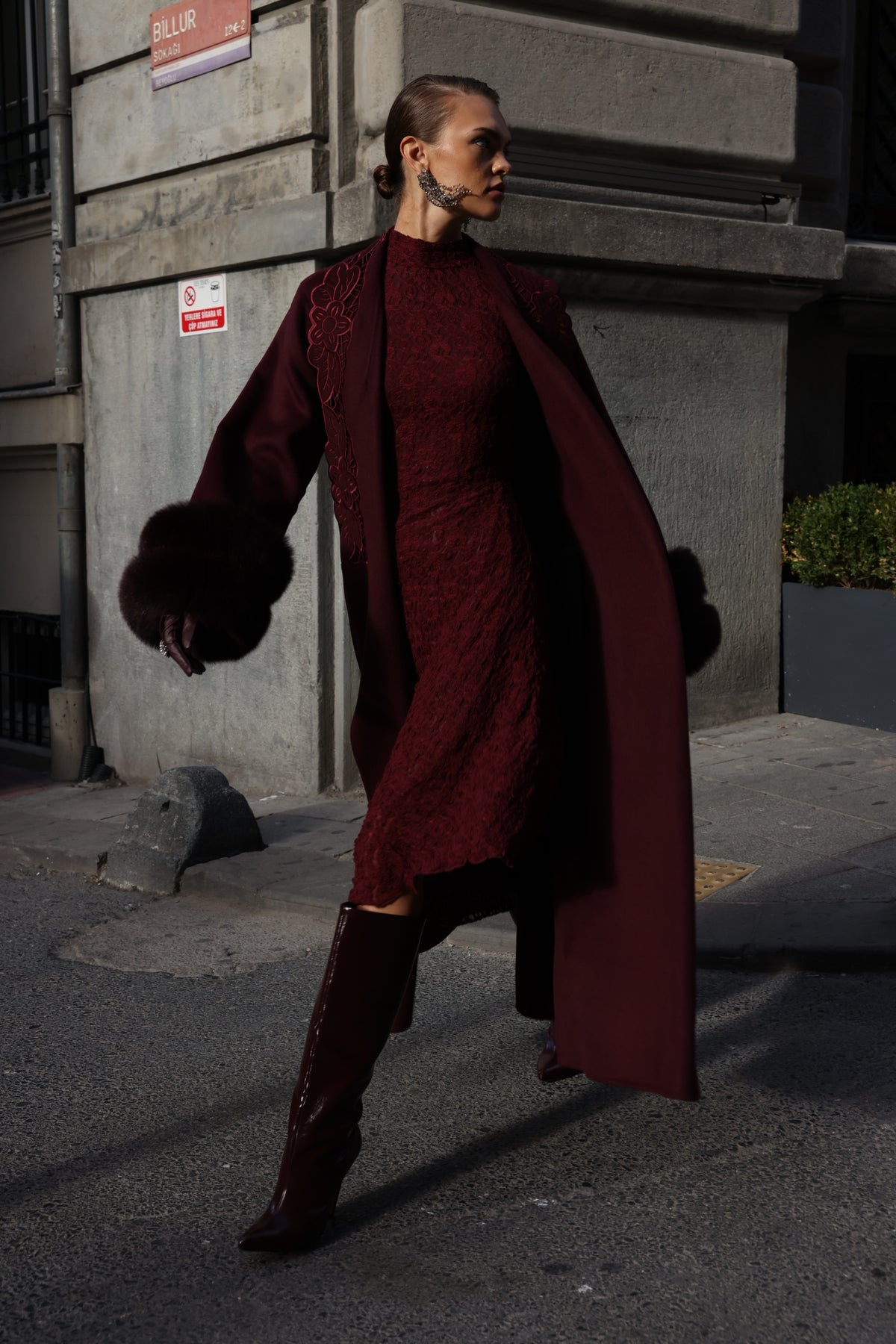 BURGUNDY EMBROIDERED ALPACA FOX FUR COAT -9686