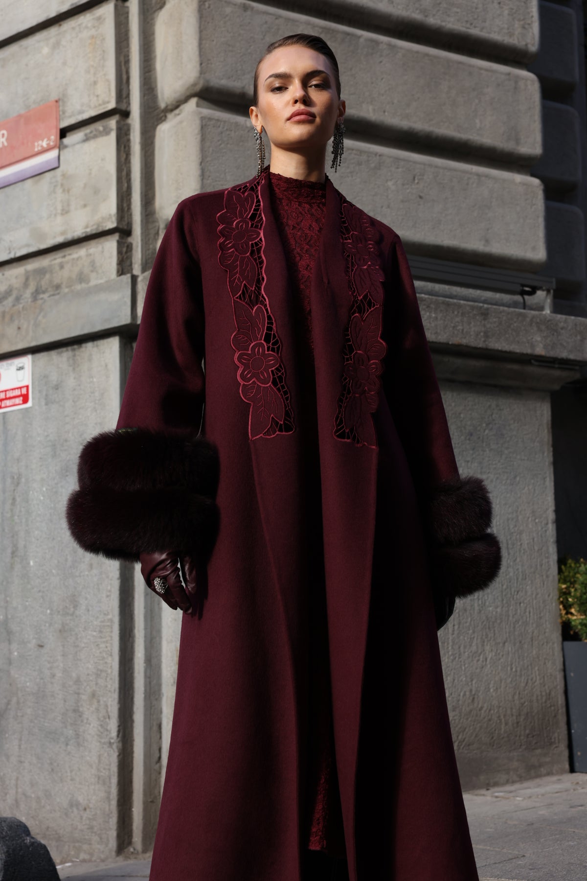 BURGUNDY EMBROIDERED ALPACA FOX FUR COAT -9686