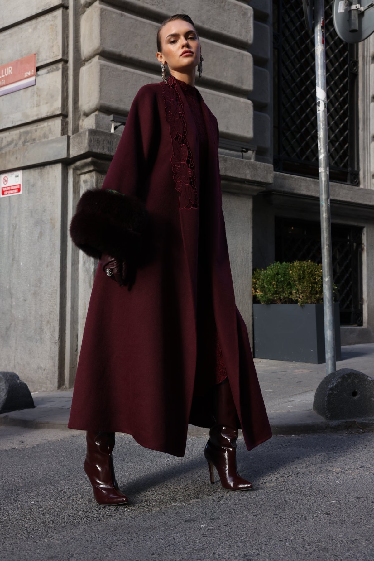 BURGUNDY EMBROIDERED ALPACA FOX FUR COAT -9686