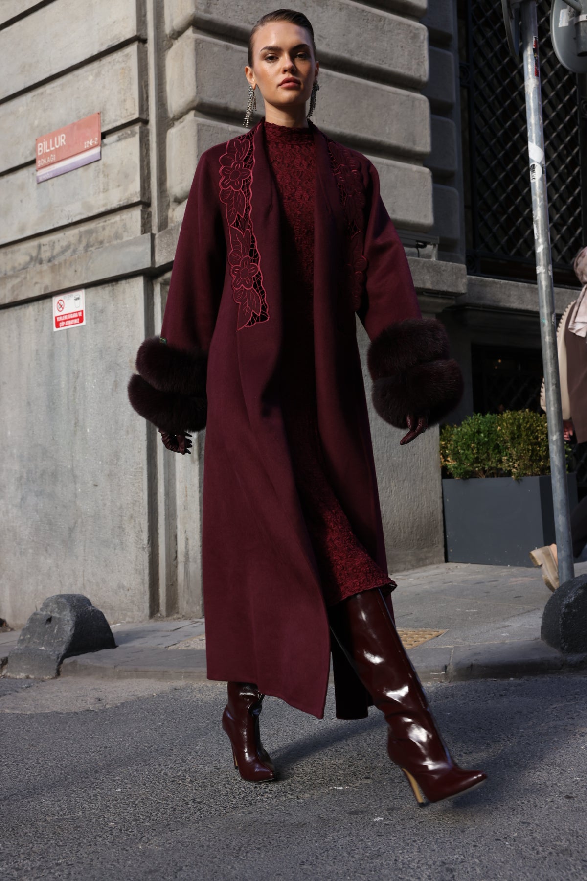 BURGUNDY EMBROIDERED ALPACA FOX FUR COAT -9686