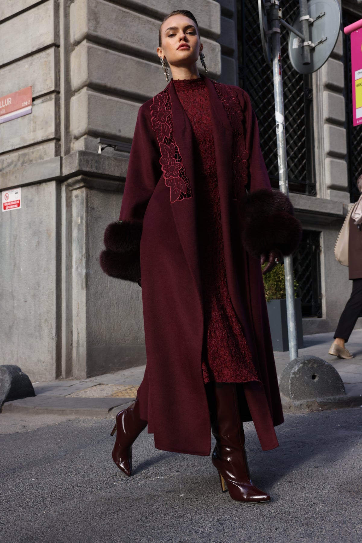 BURGUNDY EMBROIDERED ALPACA FOX FUR COAT -9686