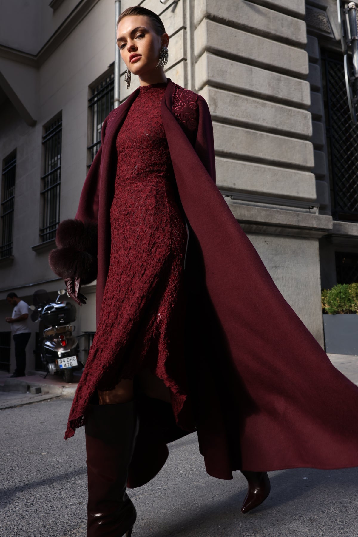 BURGUNDY EMBROIDERED ALPACA FOX FUR COAT -9686