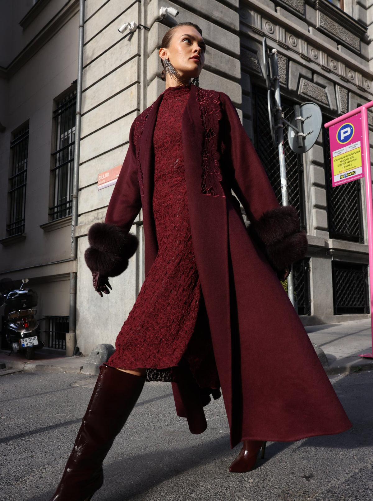 BURGUNDY EMBROIDERED ALPACA FOX FUR COAT -9686