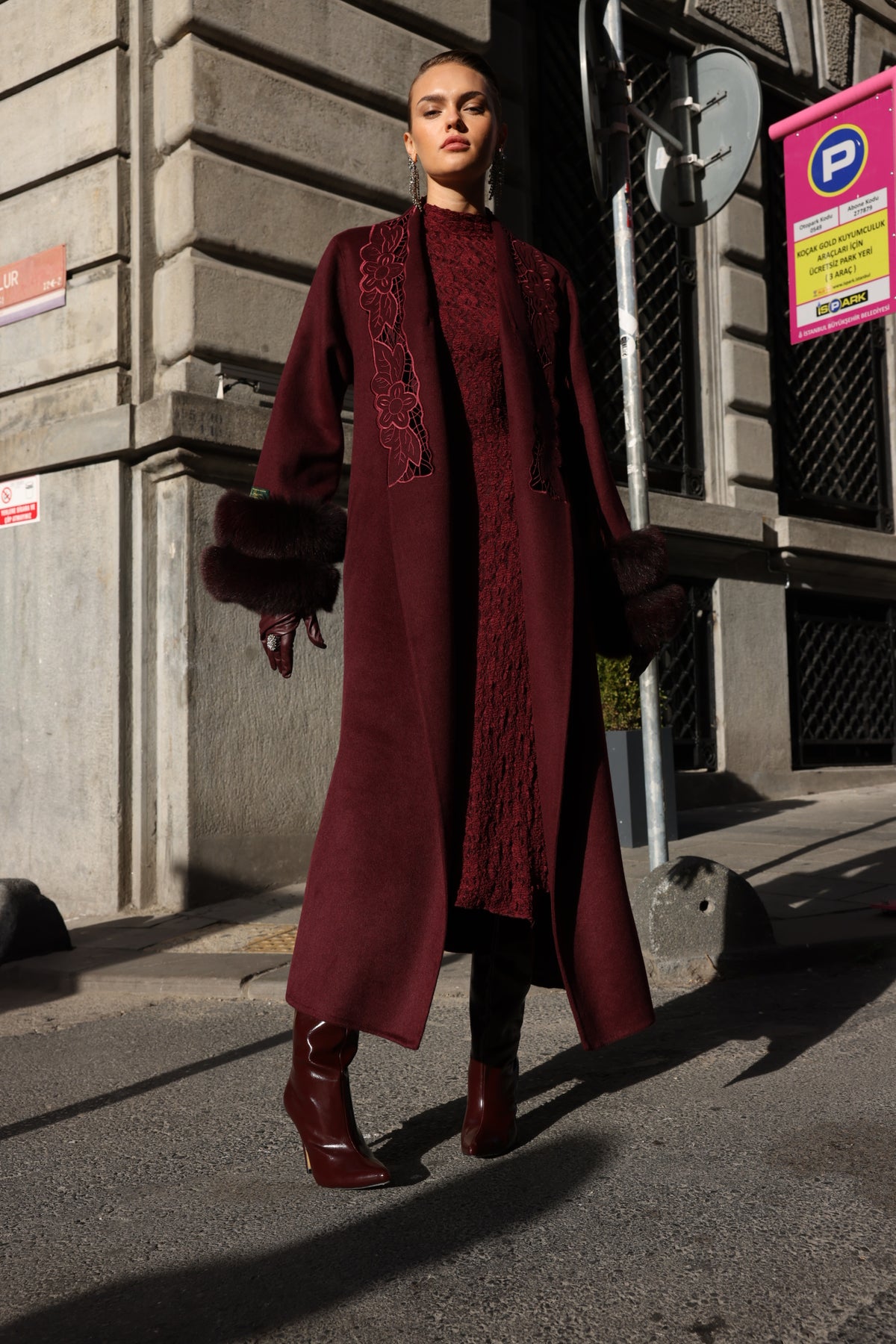BURGUNDY EMBROIDERED ALPACA FOX FUR COAT -9686