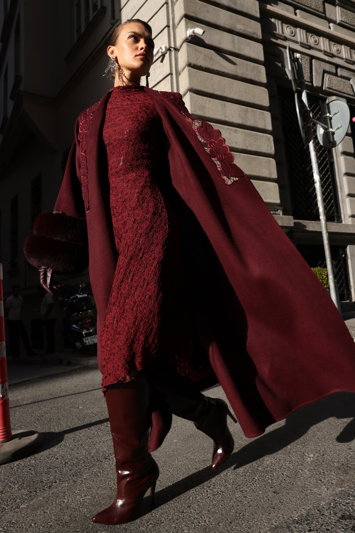 BURGUNDY EMBROIDERED ALPACA FOX FUR COAT -9686