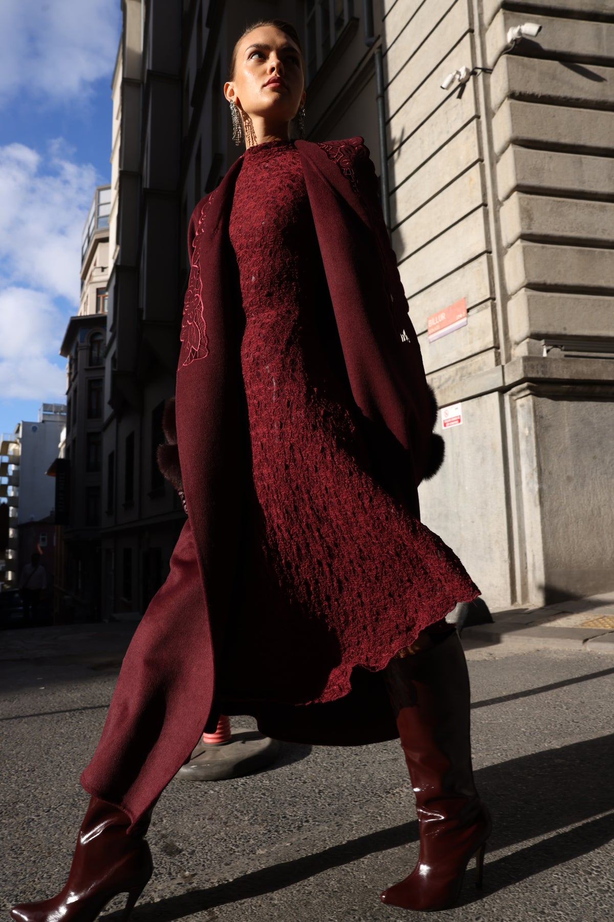 BURGUNDY EMBROIDERED ALPACA FOX FUR COAT -9686