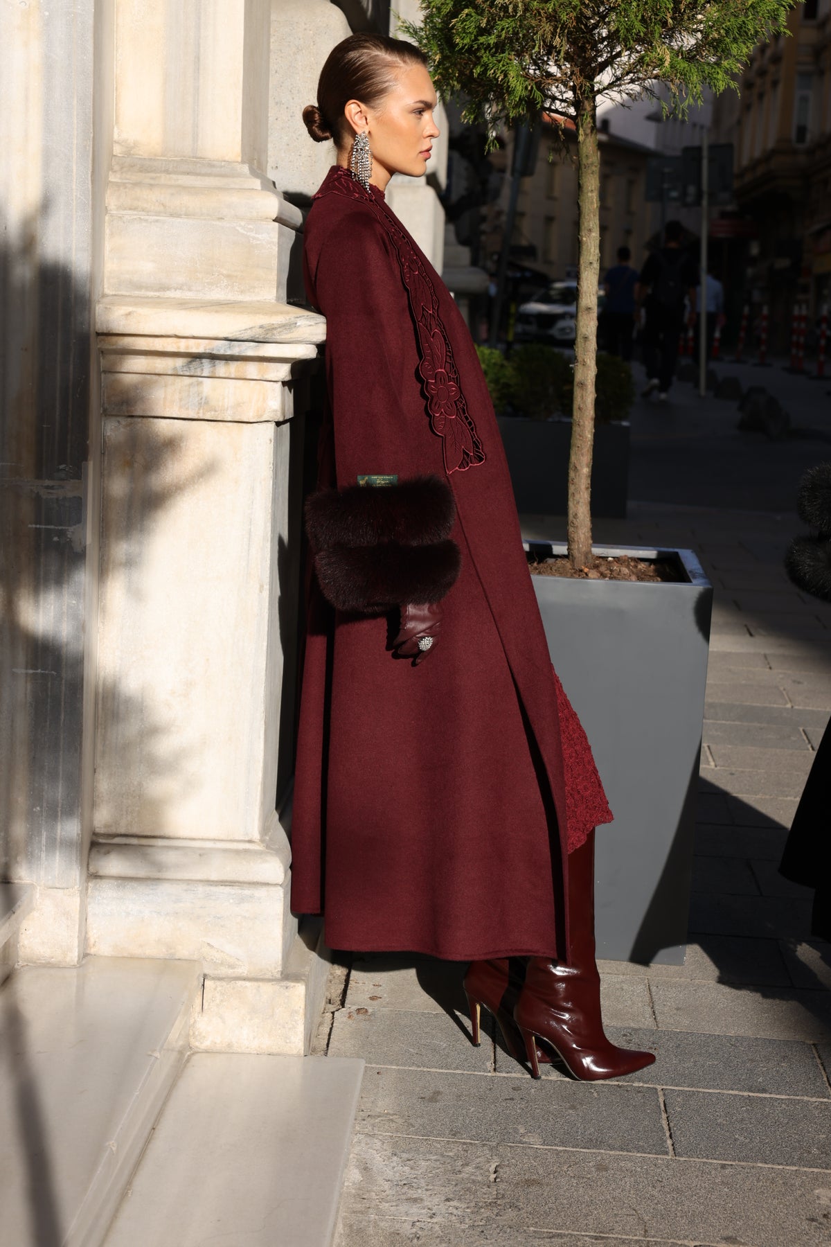 BURGUNDY EMBROIDERED ALPACA FOX FUR COAT -9686