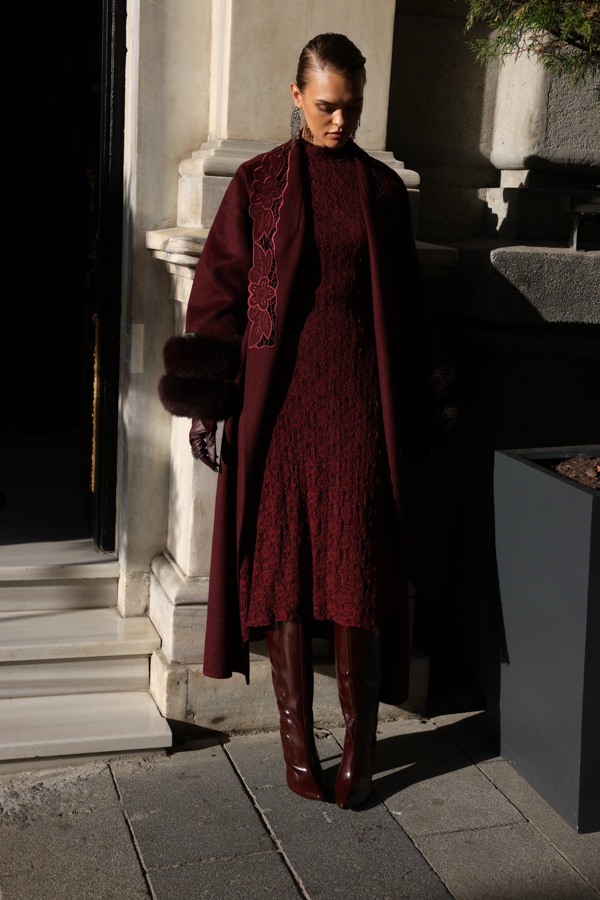 BURGUNDY EMBROIDERED ALPACA FOX FUR COAT -9686