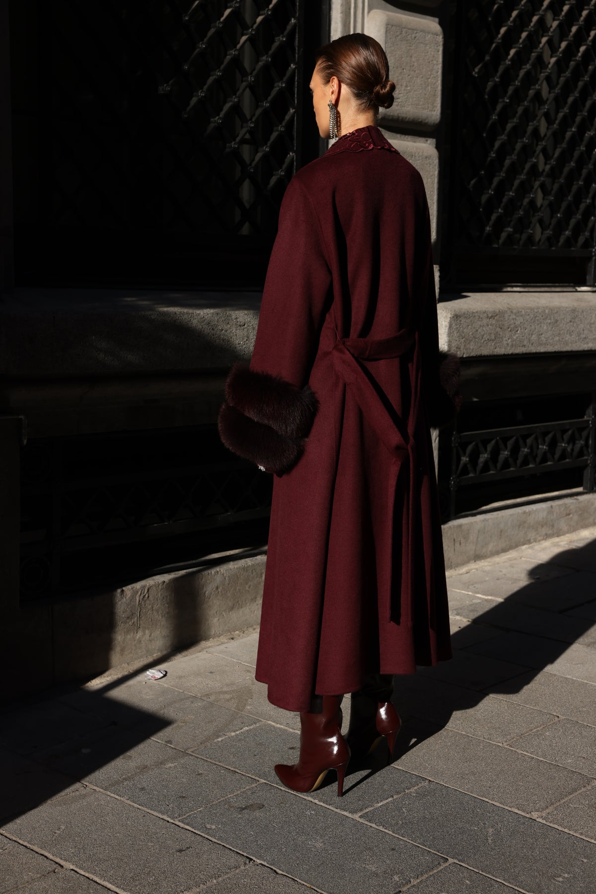 BURGUNDY EMBROIDERED ALPACA FOX FUR COAT -9686