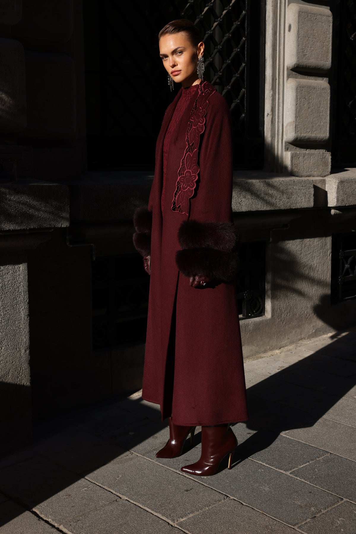 BURGUNDY EMBROIDERED ALPACA FOX FUR COAT -9686