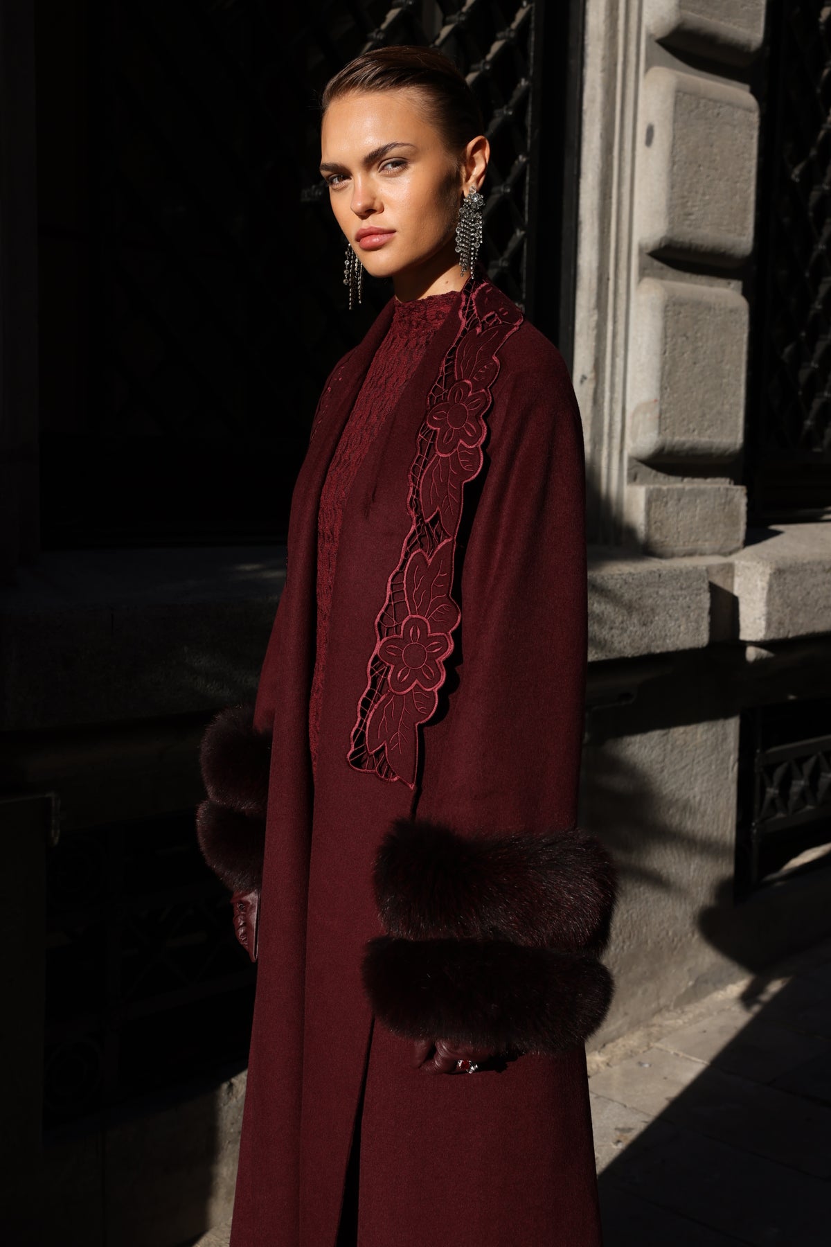 BURGUNDY EMBROIDERED ALPACA FOX FUR COAT -9686
