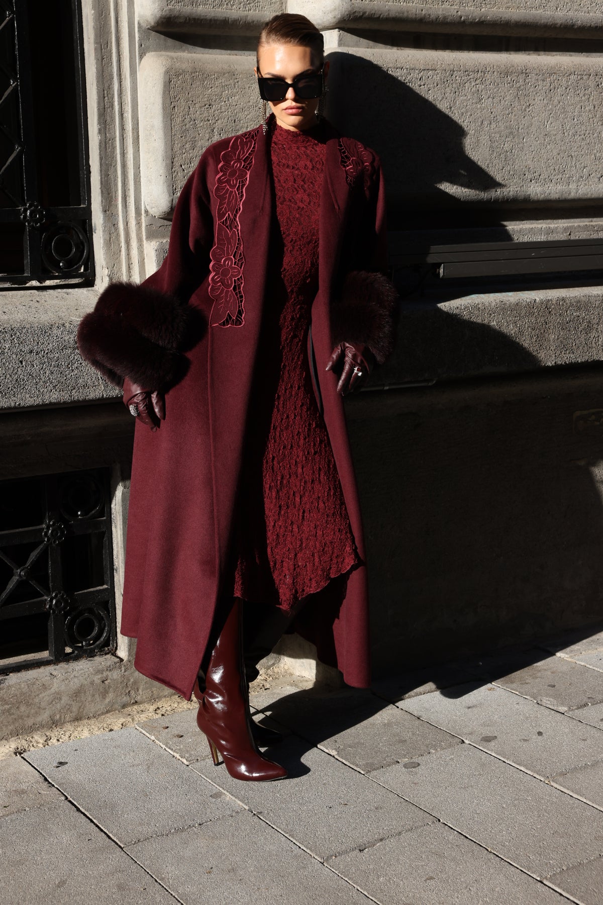 BURGUNDY EMBROIDERED ALPACA FOX FUR COAT -9686