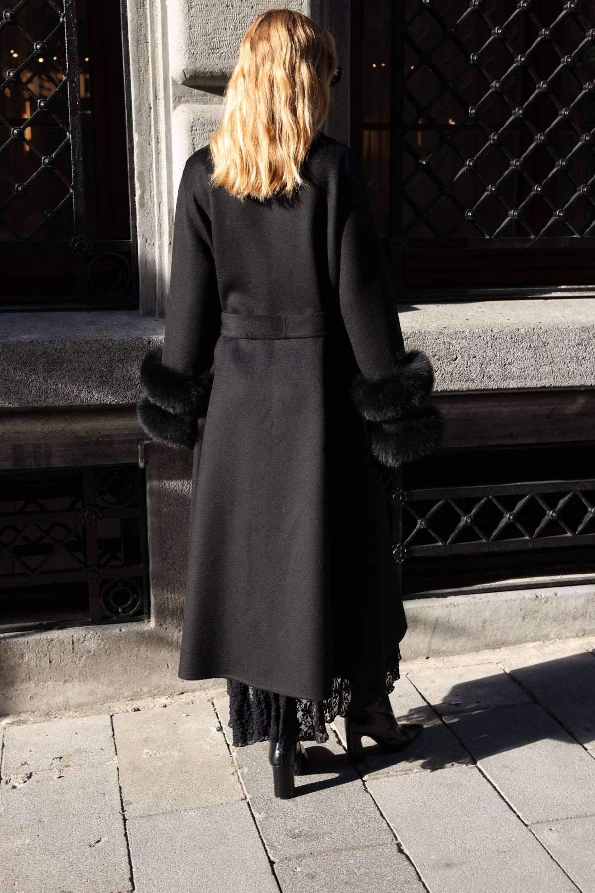 BLACK EMBROIDERED ALPACA FOX FUR COAT -9686