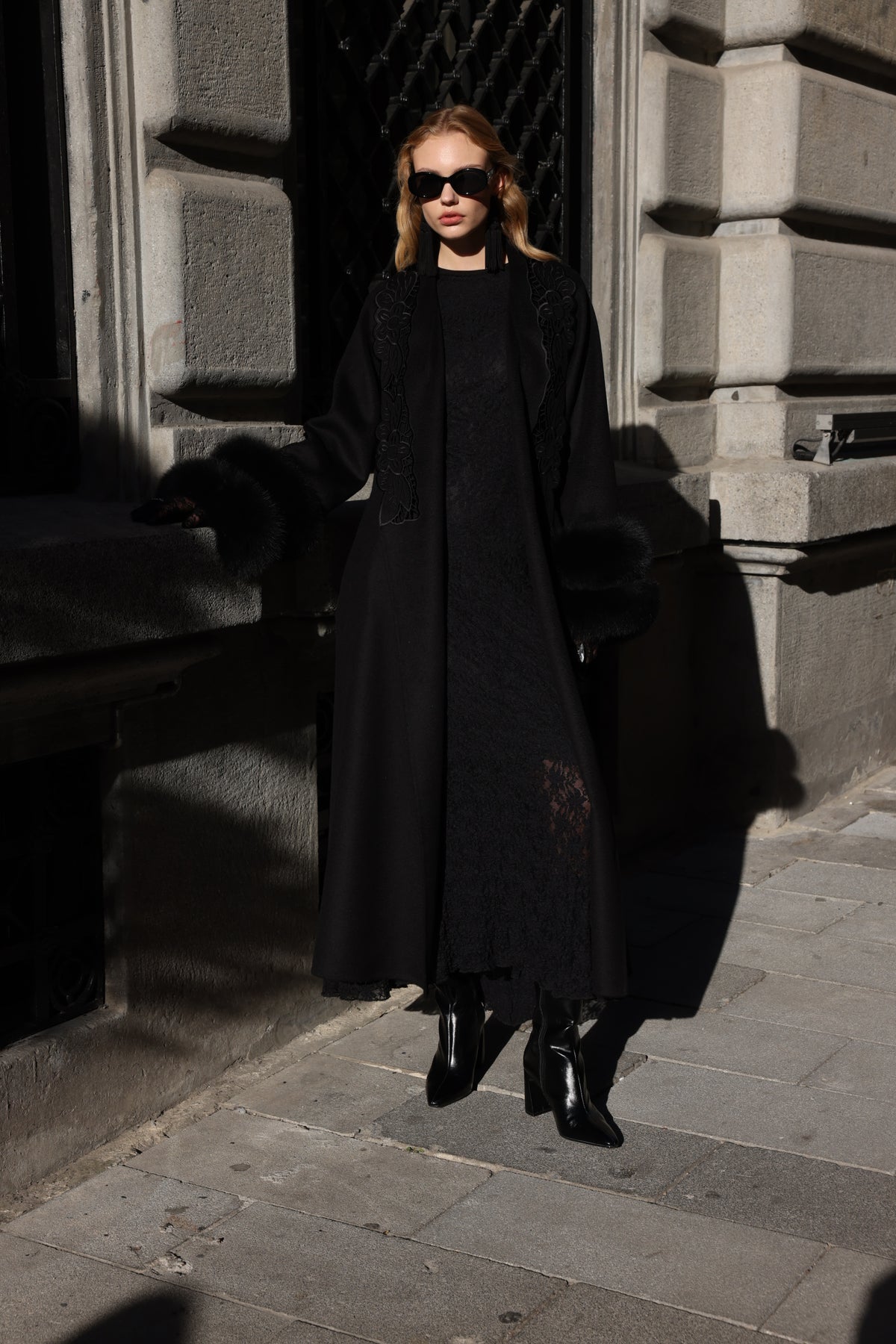BLACK EMBROIDERED ALPACA FOX FUR COAT -9686