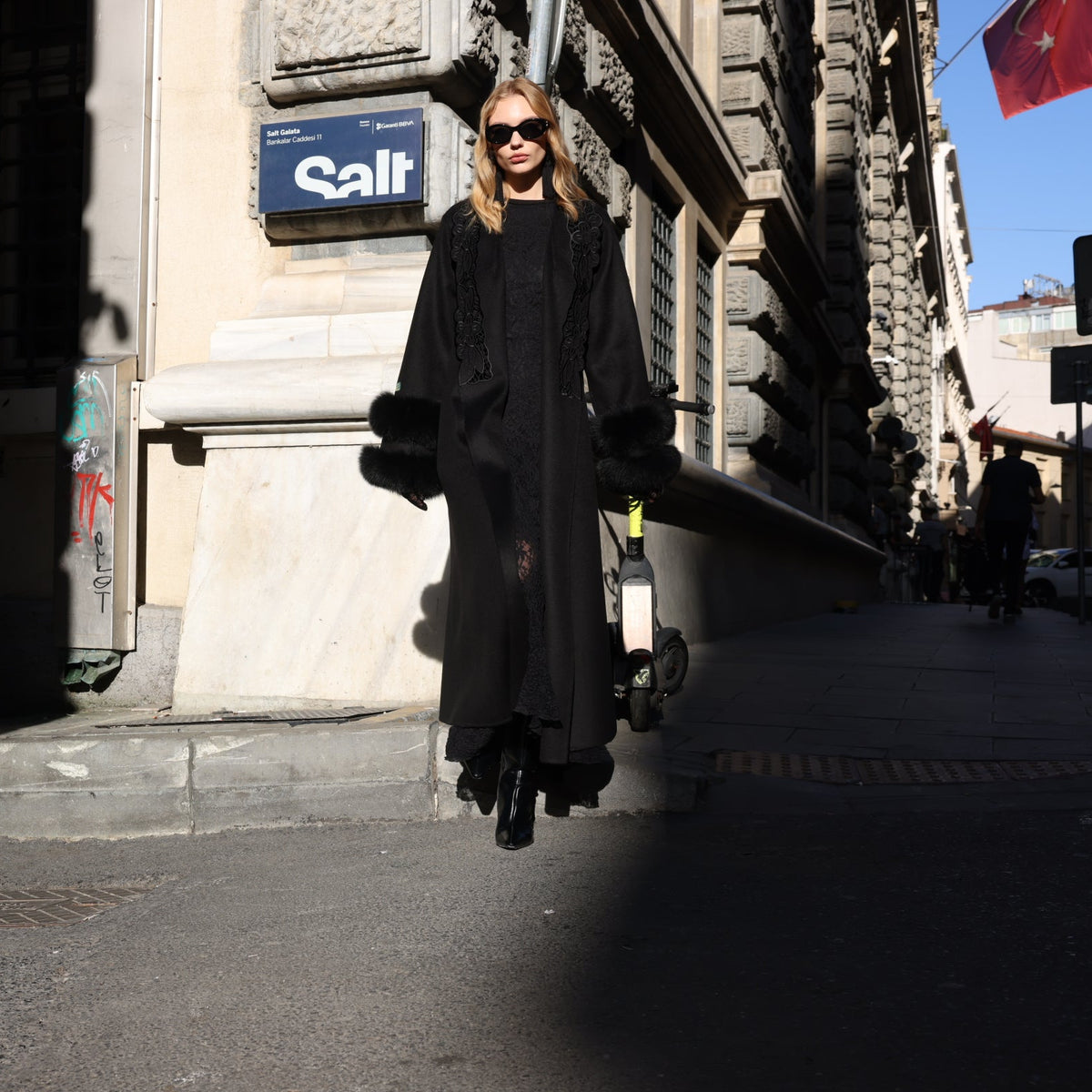 BLACK EMBROIDERED ALPACA FOX FUR COAT -9686