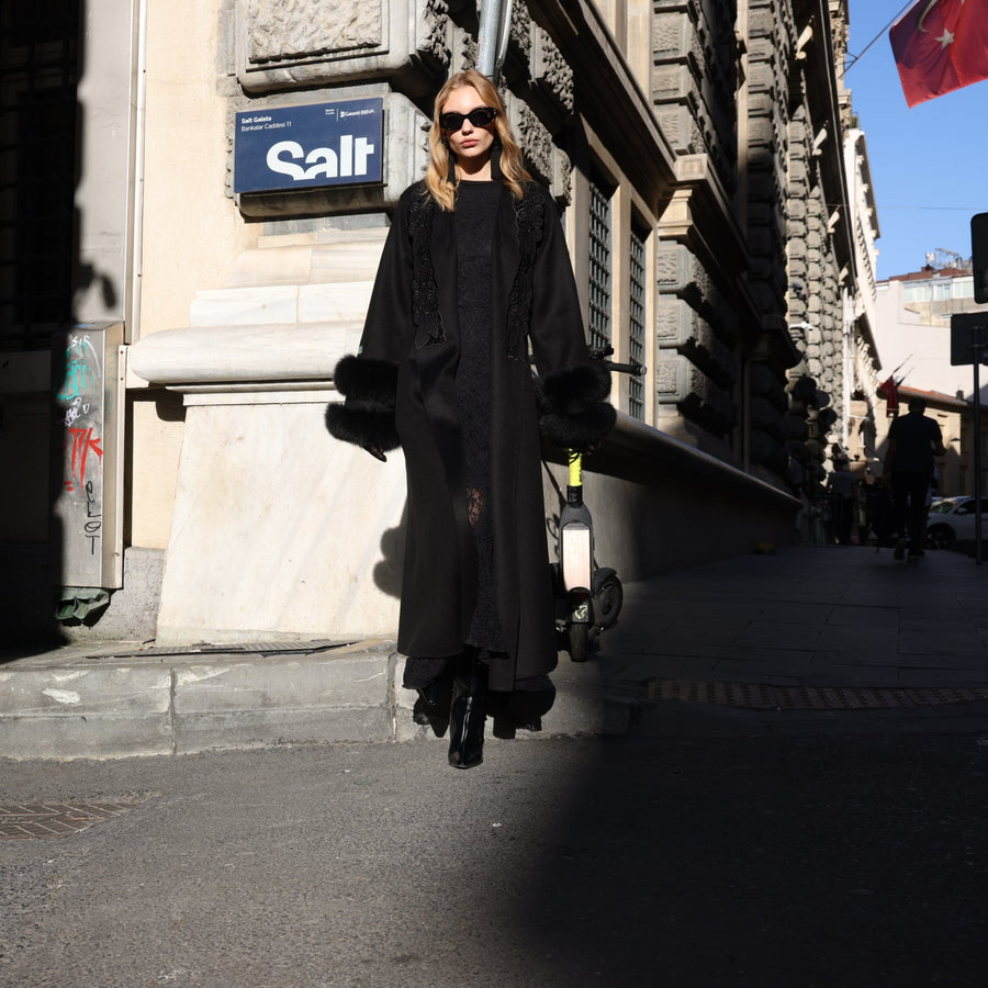 BLACK EMBROIDERED ALPACA FOX FUR COAT -9686