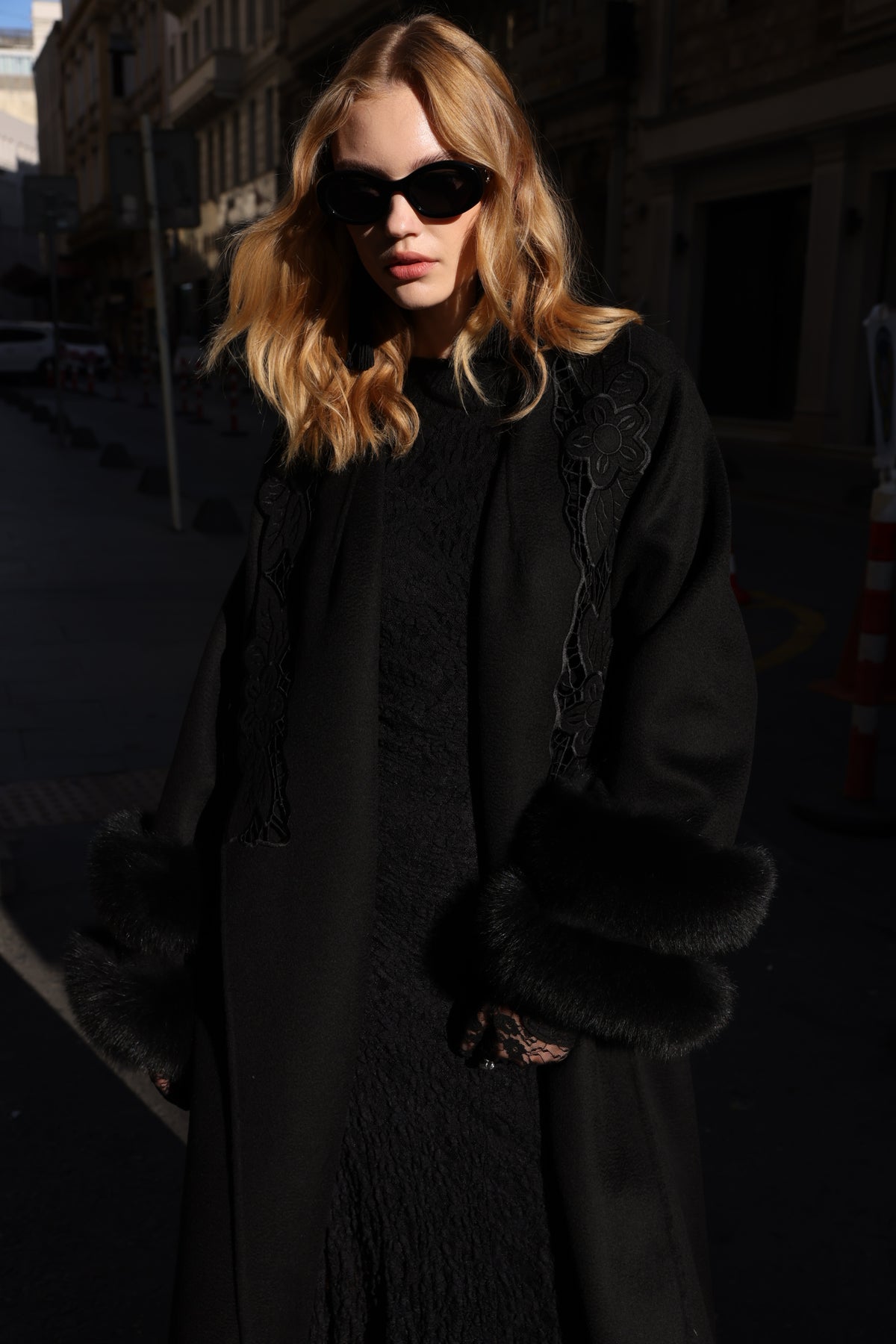 BLACK EMBROIDERED ALPACA FOX FUR COAT -9686