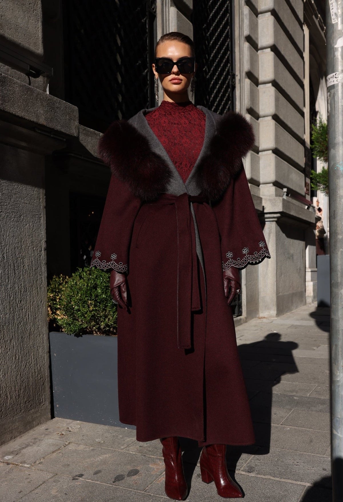BURGUNDY EMBROIDERED ALPACA FOX FUR COAT -9021
