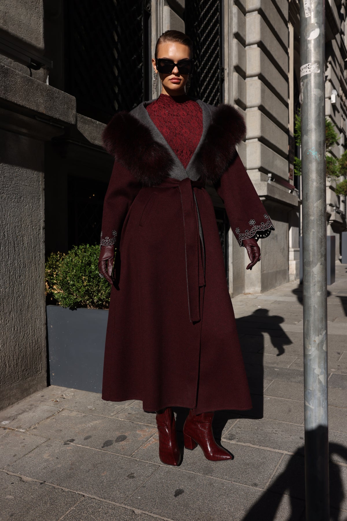 BURGUNDY EMBROIDERED ALPACA FOX FUR COAT -9021